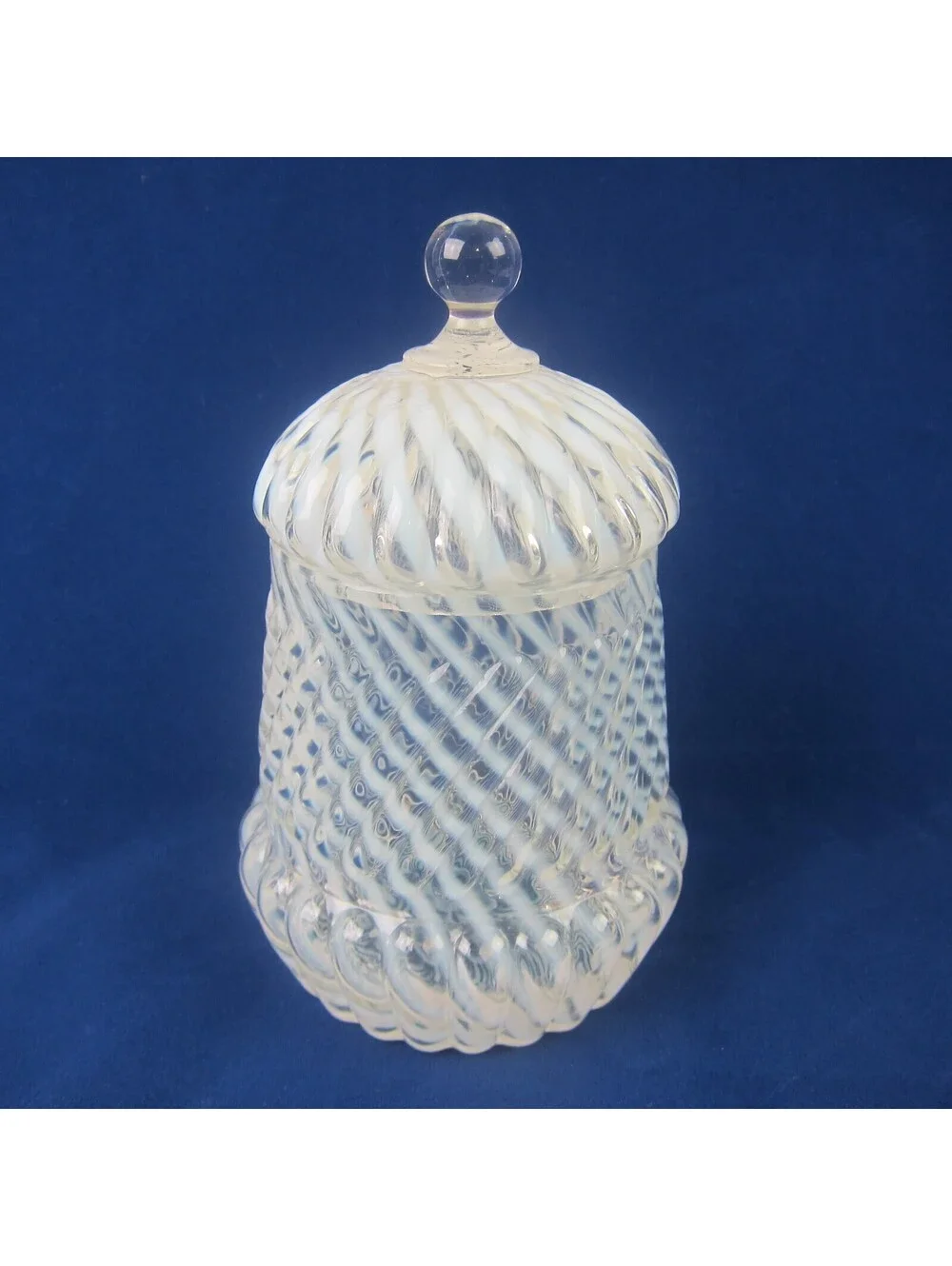 Antique Northwood Chrysanthemum Swirl Opalescent White Glass Jar with Lid RARE